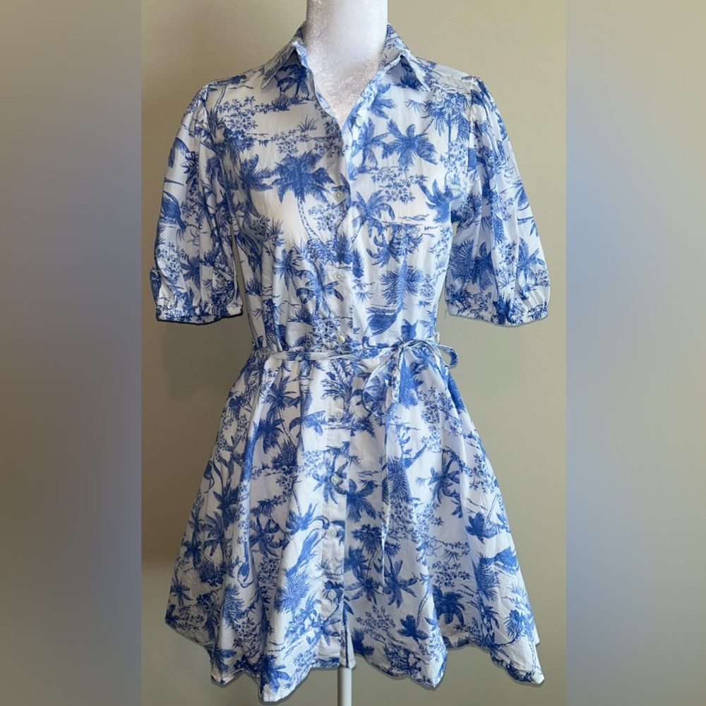 White&Blue Floral Shirt Dress